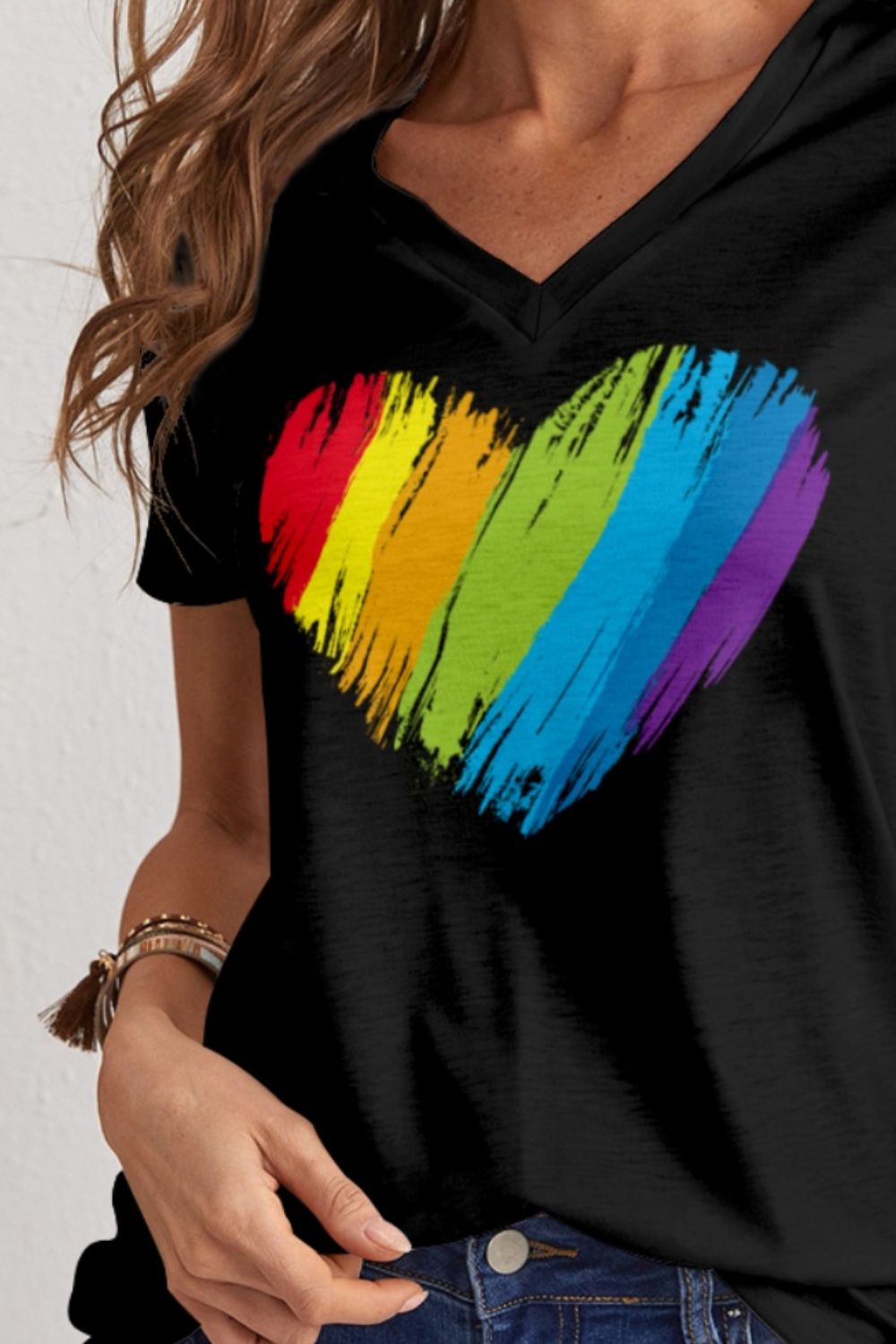 Heart V-Neck Dropped Shoulder T-Shirt-Teresa&#39;s Fashionista LLC