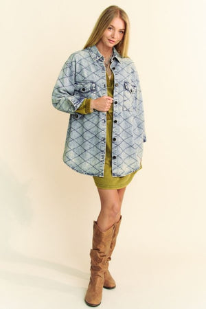 Davi & Dani Curved Hem Diamond Quilted Button Up Denim Shacket - Teresa's Fashionista LLC