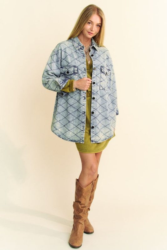 Davi & Dani Curved Hem Diamond Quilted Button Up Denim Shacket - Teresa's Fashionista LLC