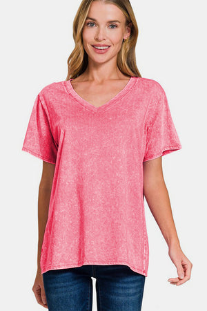 Zenana Full Size Washed Short Sleeve V-Neck T-Shirt - Teresa's Fashionista LLC