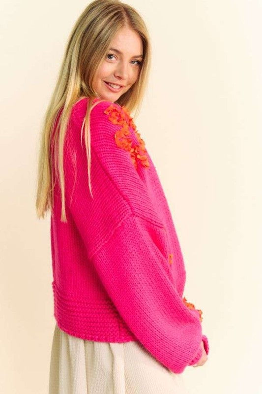 Davi & Dani Floral Applique Open Front Drop Shoulder Cardigan - Teresa's Fashionista LLC