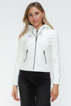 Snobbish Faux Leather Zip Up Drawstring Hooded Jacket - Teresa's Fashionista LLC