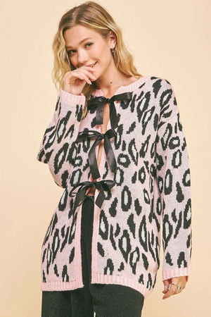 Davi & Dani Leopard Ribbon Tie Front Loose Fit Cardigan - Teresa's Fashionista LLC