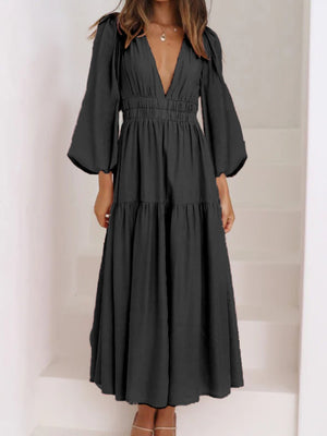 Deep V-Neck Balloon Sleeve Plain Maxi Dress-Teresa's Fashionista LLC
