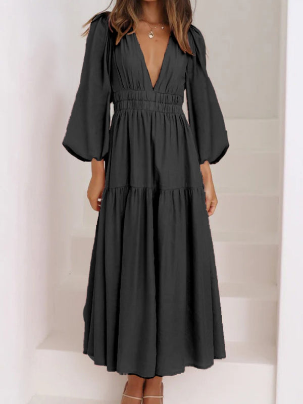 Deep V-Neck Balloon Sleeve Plain Maxi Dress-Teresa's Fashionista LLC