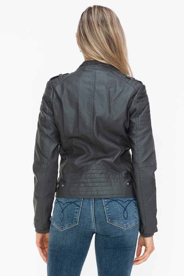 Snobbish PU Leather Biker Jacket with Side Zip Pockets - Teresa's Fashionista LLC
