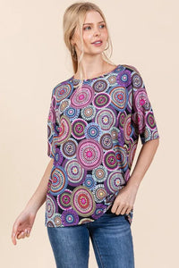 BOMBOM Printed Round Neck Half Sleeve Top