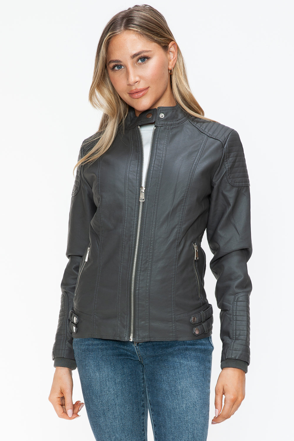 Snobbish Faux Leather Biker Jacket with Side Zip Pockets - Teresa's Fashionista LLC