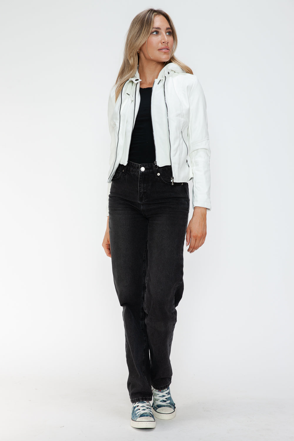 Snobbish Faux Leather Zip Up Drawstring Hooded Jacket - Teresa's Fashionista LLC