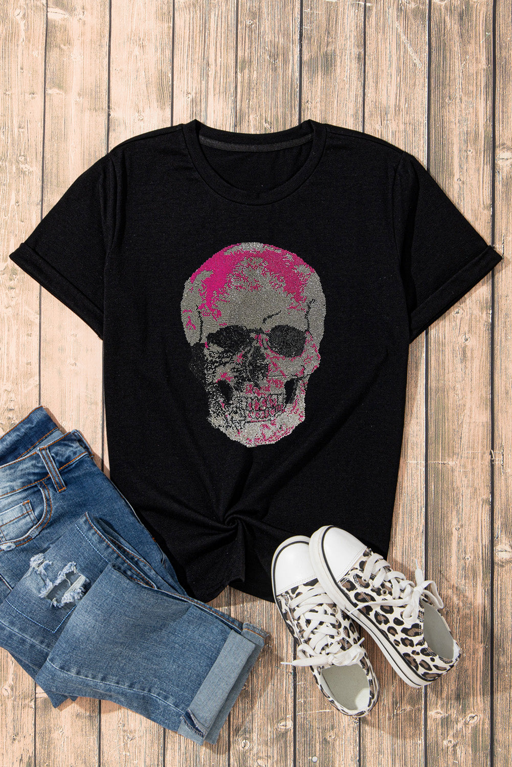Skull Round Neck Short Sleeve T-Shirt with Rhinestone Detail, Slight Stretch, Available in Various Sizes, Black.