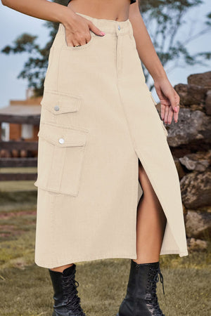 Slit Front Midi Denim Skirt with Pockets-Teresa's Fashionista LLC
