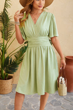 Ruched Surplice Short Sleeve Dress-Teresa's Fashionista LLC