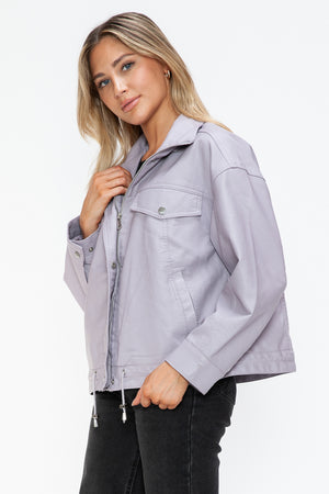 How Dare U Drawstring Hem PU Leather Zip Up Jacket - Teresa's Fashionista LLC