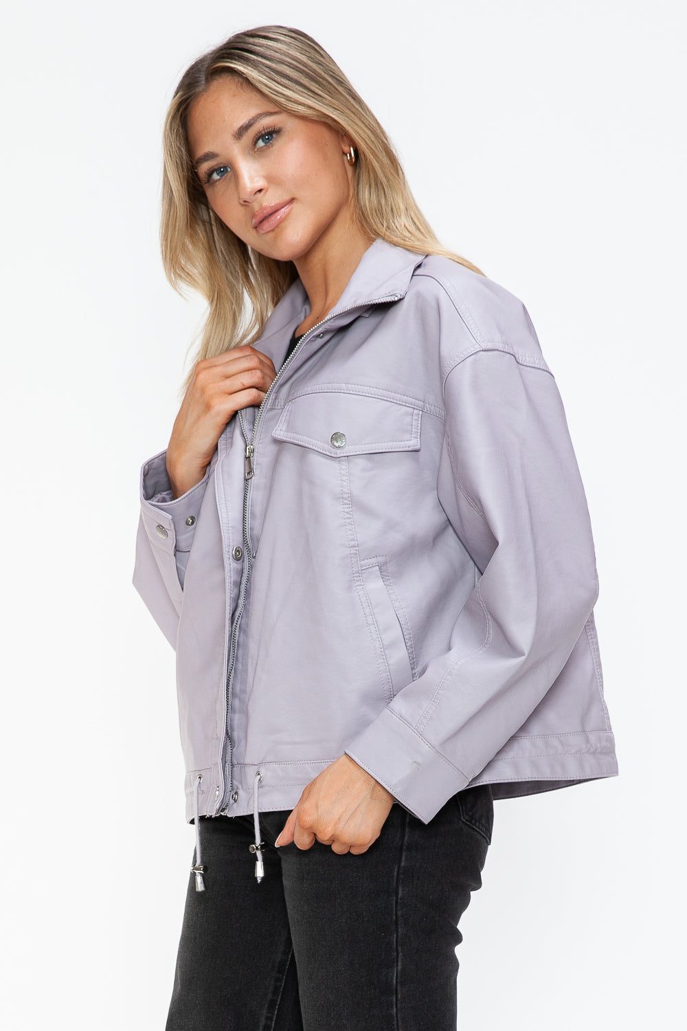 How Dare U Drawstring Hem PU Leather Zip Up Jacket - Teresa's Fashionista LLC