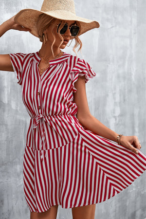 Ruffled Striped Cap Sleeve Mini Dress-Teresa's Fashionista LLC