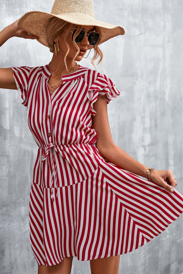Ruffled Striped Cap Sleeve Mini Dress-Teresa's Fashionista LLC