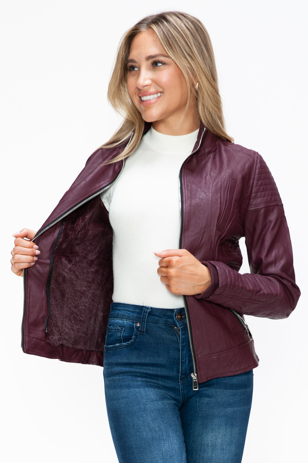 YMI Faux Layered Double-Zipper Jacket with Fuzzy Hood - Teresa's Fashionista LLC