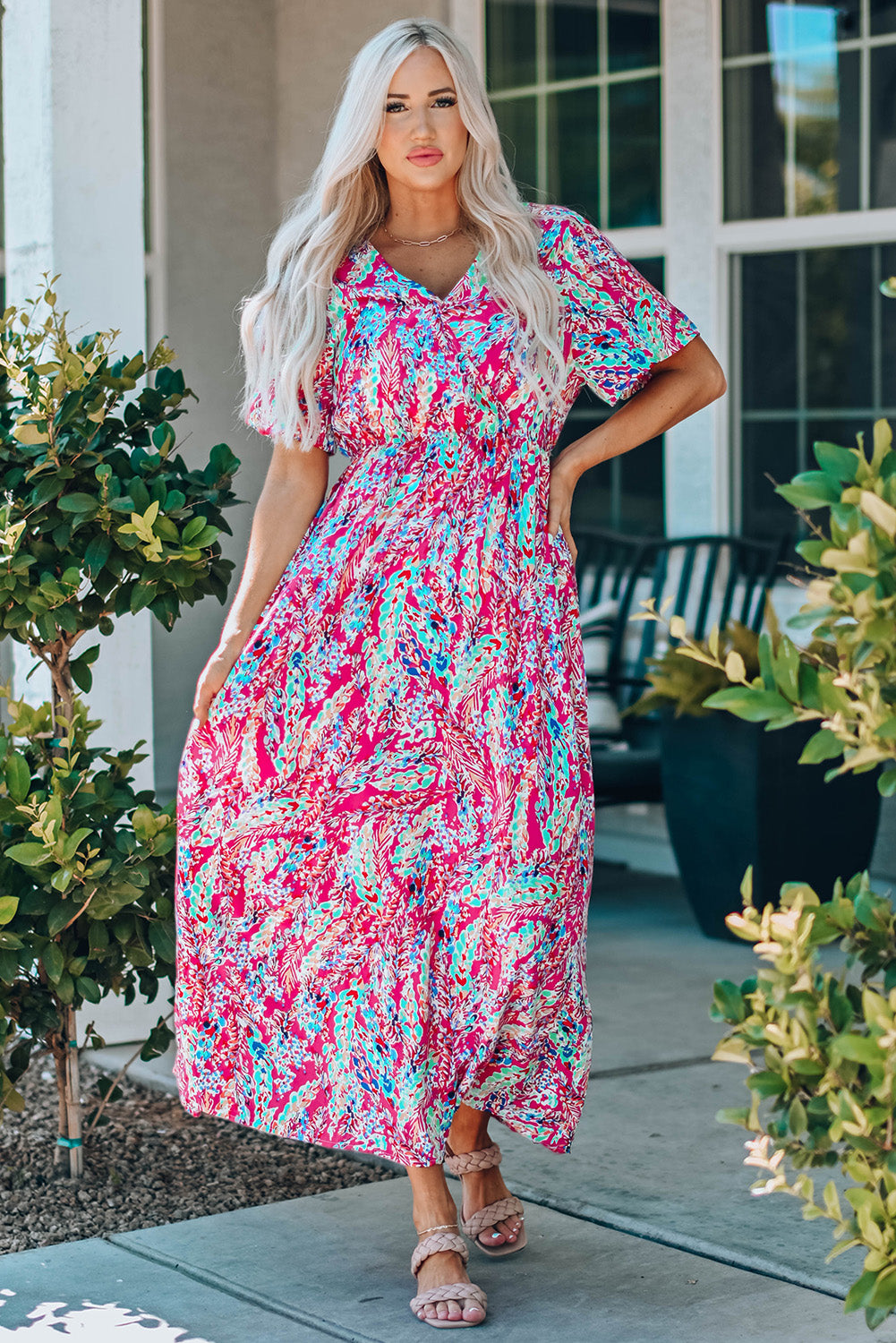 Multicolored V-Neck Maxi Dress with short sleeves, casual chic style.
