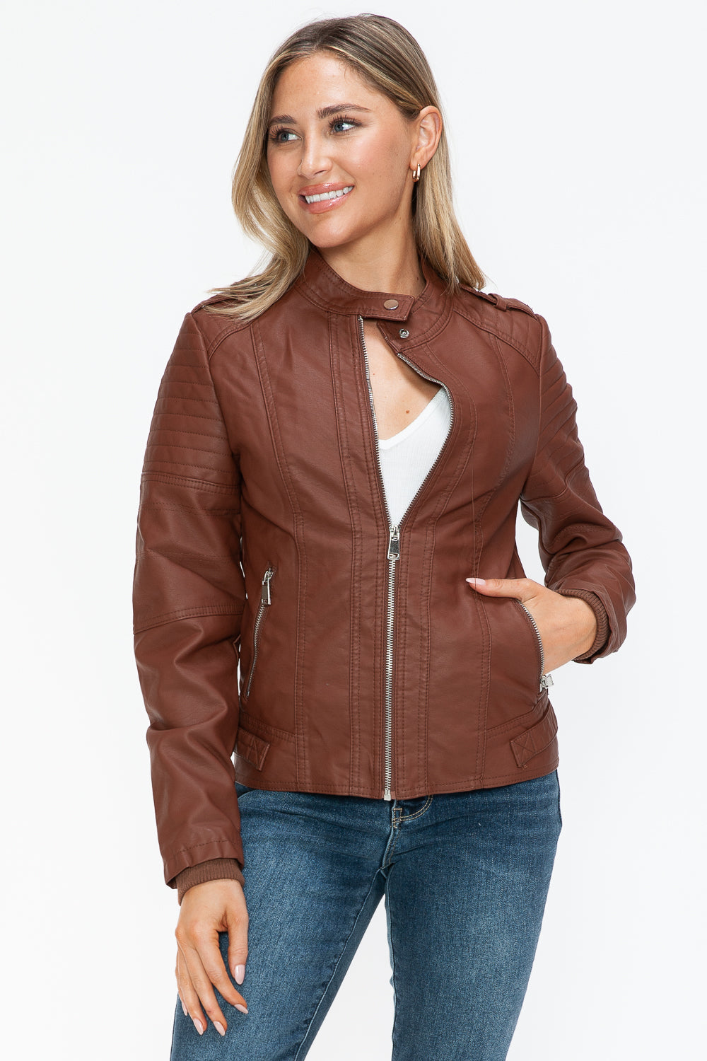 Snobbish PU Leather Biker Jacket with Side Zip Pockets - Teresa's Fashionista LLC
