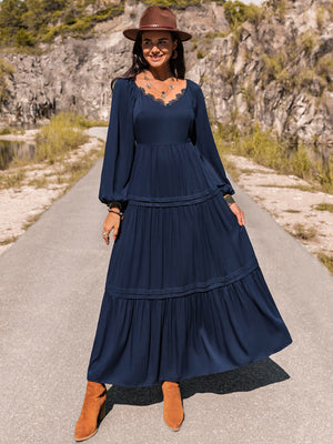 Long Sleeve Lace Trim Maxi Dress-Teresa's Fashionista LLC