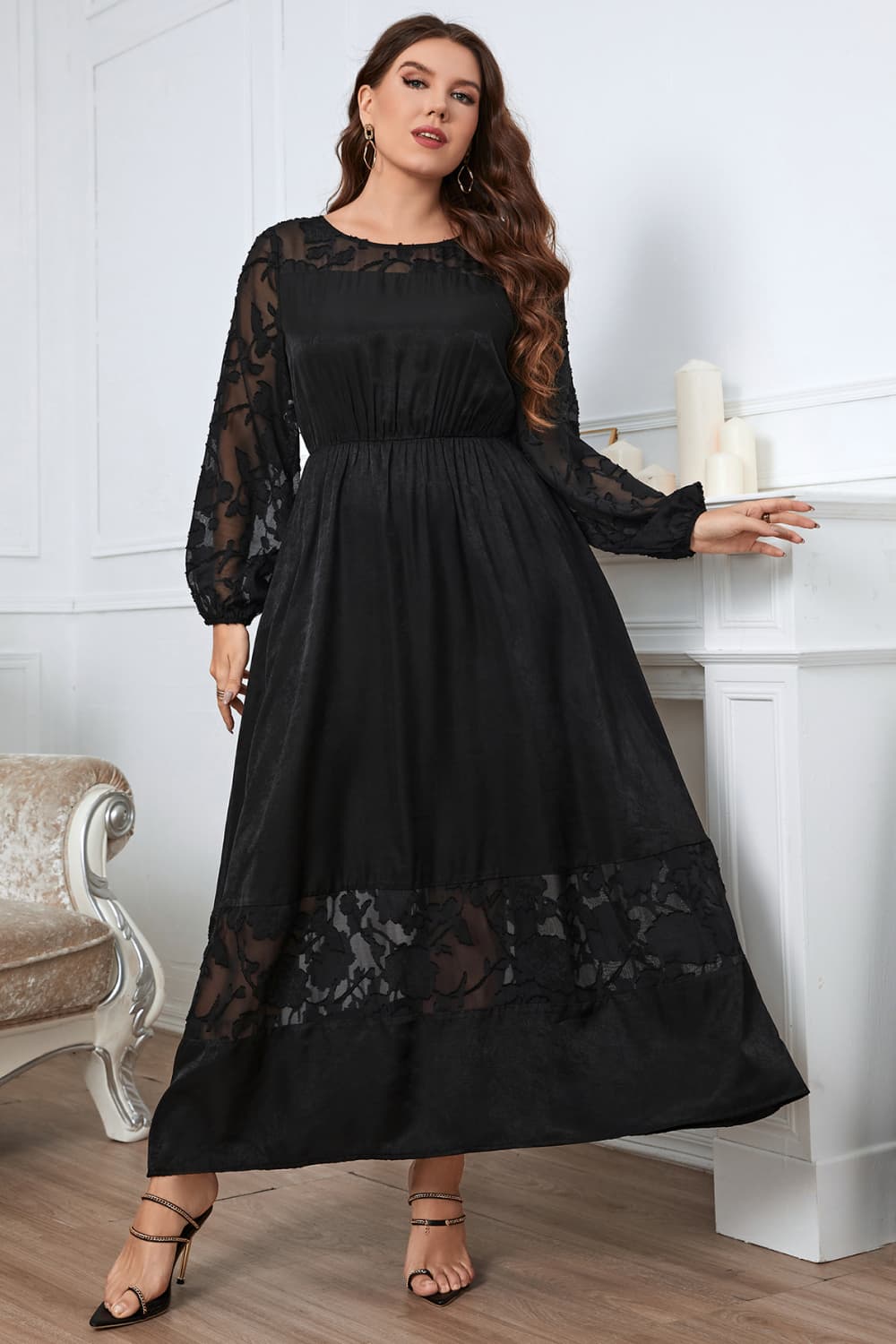 Melo Apparel Plus Size Embroidery Round Neck Long Sleeve Maxi Dress-Teresa's Fashionista LLC