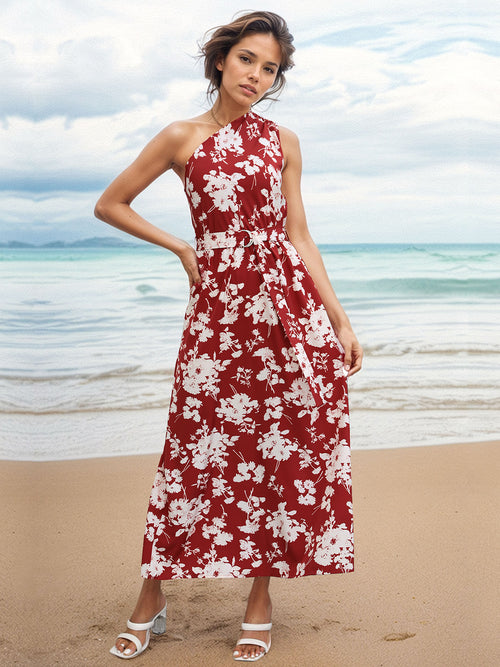 Printed Single Shoulder Sleeveless Dress-Teresa's Fashionista LLC