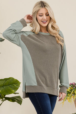 Celeste Full Size High-Low Contrast Round Neck Sweatshirt - Teresa's Fashionista LLC