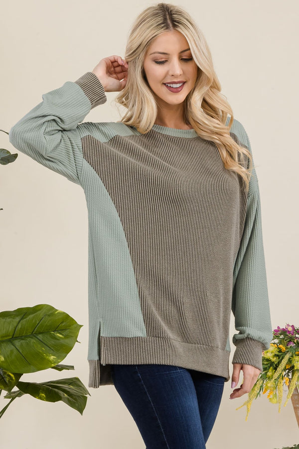 Celeste Full Size High-Low Contrast Round Neck Sweatshirt - Teresa's Fashionista LLC