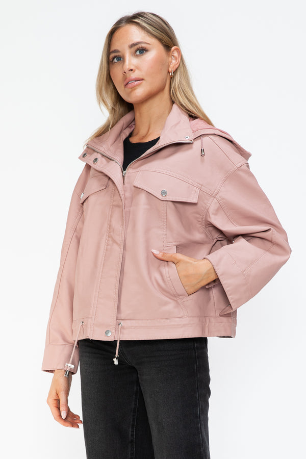 How Dare U Drawstring Hem PU Leather Zip Up Jacket - Teresa's Fashionista LLC
