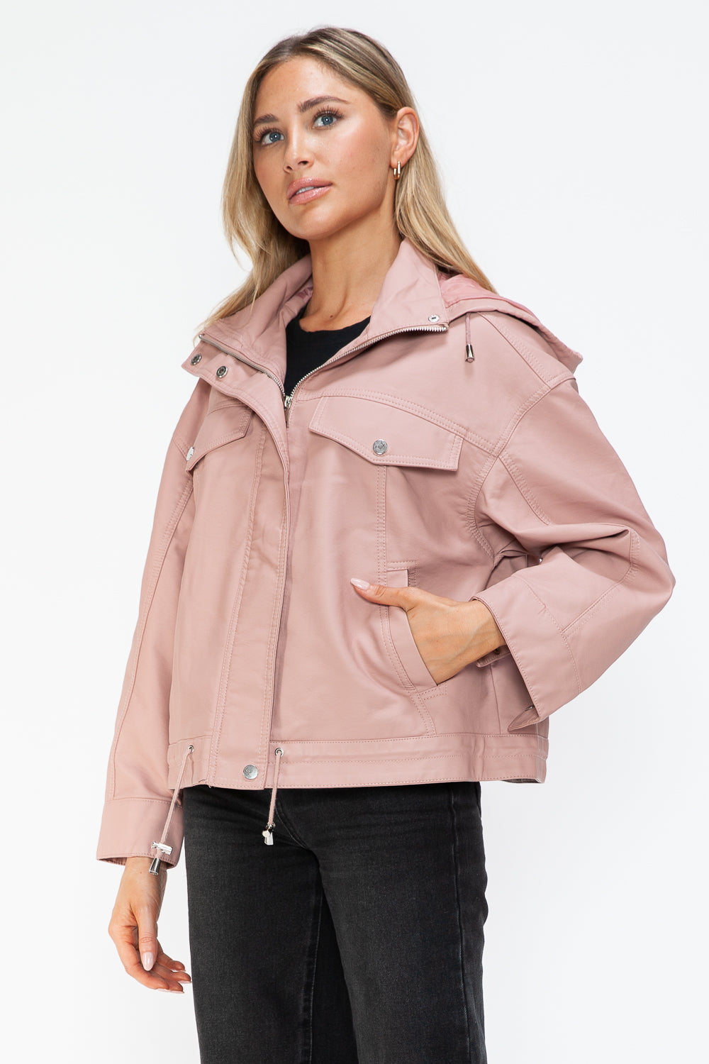 How Dare U Drawstring Hem PU Leather Zip Up Jacket - Teresa's Fashionista LLC