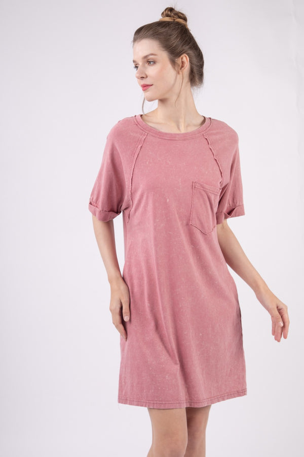 VERY J Washed Round Neck Mini Tee Dress-Teresa's Fashionista LLC