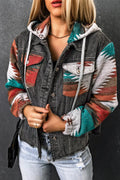 Drawstring hooded denim jacket with pocketed design and colorful sleeve pattern.