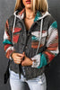 Drawstring hooded denim jacket with pocketed design and colorful sleeve pattern.