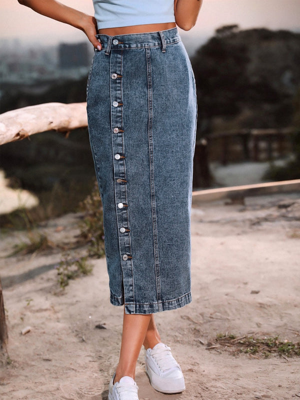 Button Down Denim Skirt-Teresa's Fashionista LLC