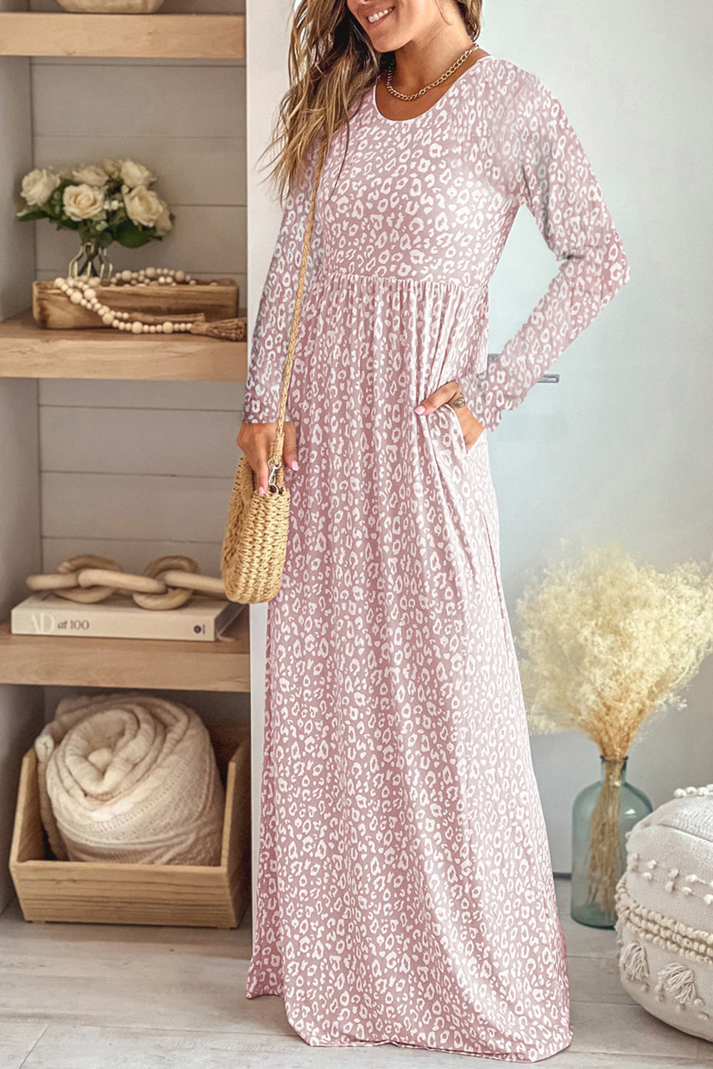 Leopard Round Neck Long Sleeve Maxi Dress-Teresa's Fashionista LLC