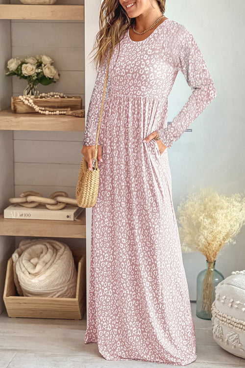Leopard Round Neck Long Sleeve Maxi Dress-Teresa's Fashionista LLC