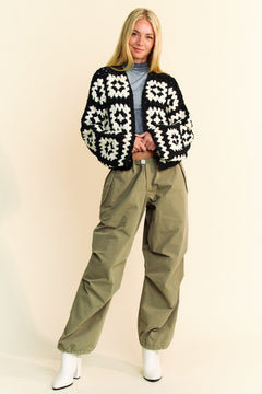 Davi & Dani Full Size Two Tone Flower Square Crochet Open Front Cardigan - Teresa's Fashionista LLC