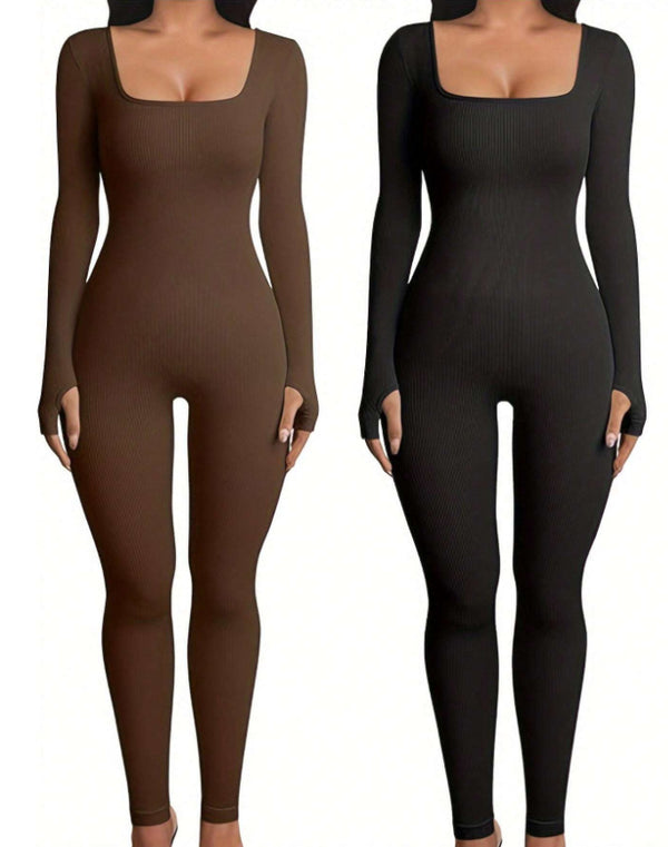 Women's Yoga Sports Fitness Jumpsuit Workout Long Sleeve Square Collar Clothing - Teresa's Fashionista LLC