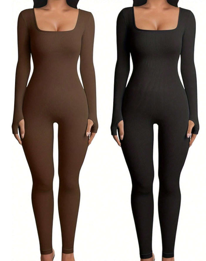 Women's Yoga Sports Fitness Jumpsuit Workout Long Sleeve Square Collar Clothing - Teresa's Fashionista LLC