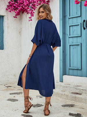 Frill Slit V-Neck Three-Quarter Sleeve Dress-Teresa's Fashionista LLC