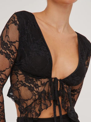 Tied Plunge Long Sleeve Lace Cropped Shirt - Teresa's Fashionista LLC