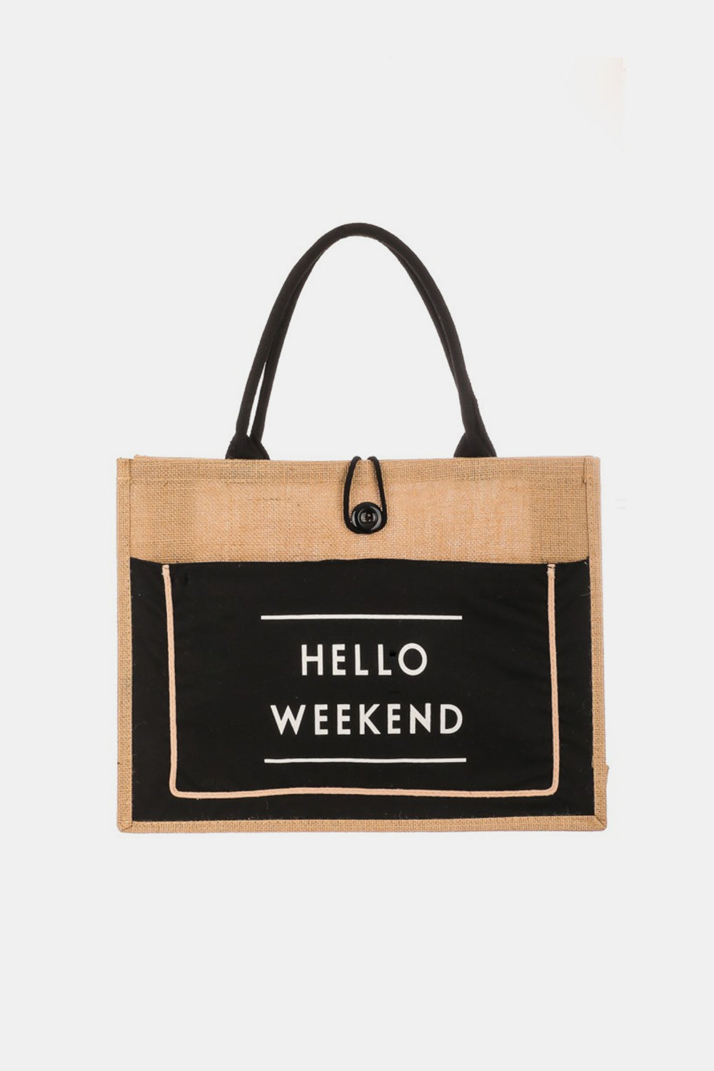 Fame Hello Weekend Burlap Tote Bag-Teresa's Fashionista LLC