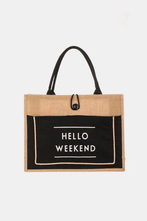 Fame Hello Weekend Burlap Tote Bag-Teresa's Fashionista LLC