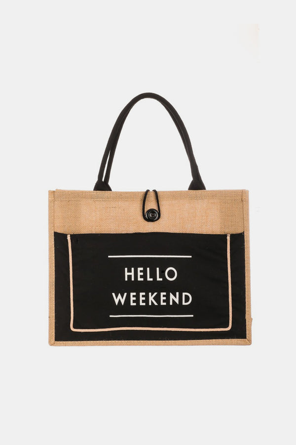 Fame Hello Weekend Burlap Tote Bag-Teresa's Fashionista LLC
