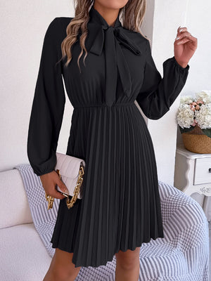 Tie Neck Balloon Sleeve Pleated Dress-Teresa's Fashionista LLC