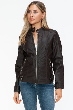 Snobbish Faux Leather Biker Jacket with Side Zip Pockets - Teresa's Fashionista LLC