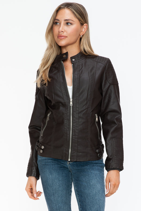 Snobbish Faux Leather Biker Jacket with Side Zip Pockets - Teresa's Fashionista LLC