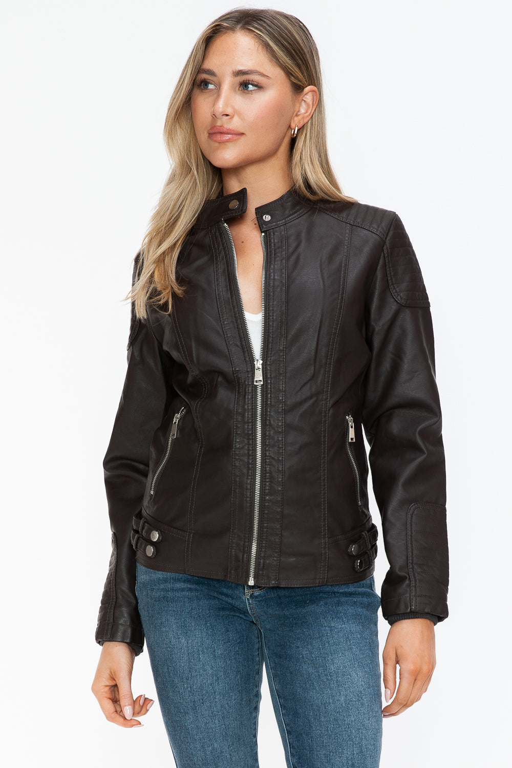 Snobbish Faux Leather Biker Jacket with Side Zip Pockets - Teresa's Fashionista LLC