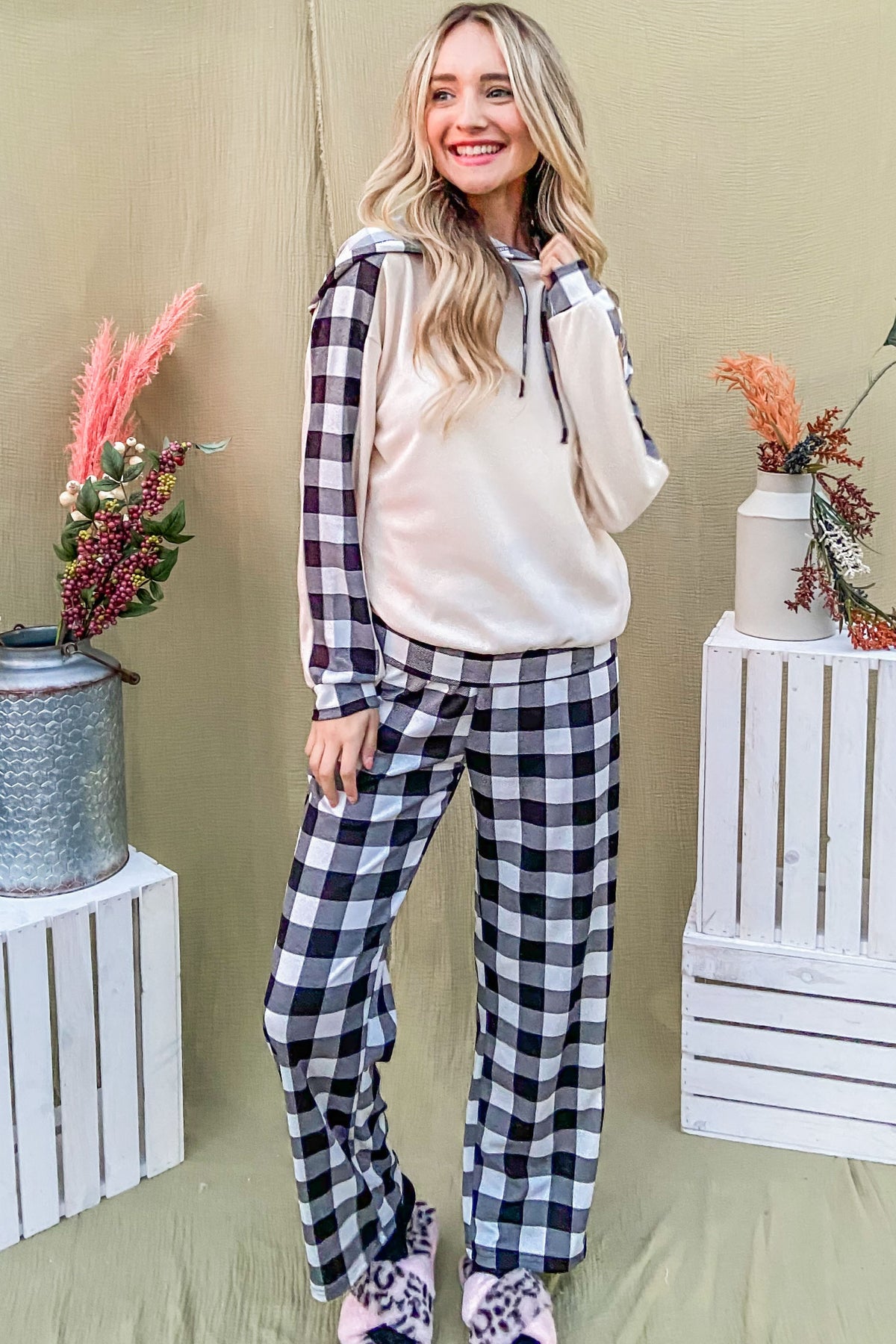 And The Why Drawstring Hooded Top and Plaid Pants Lounge Set - Teresa's Fashionista LLC
