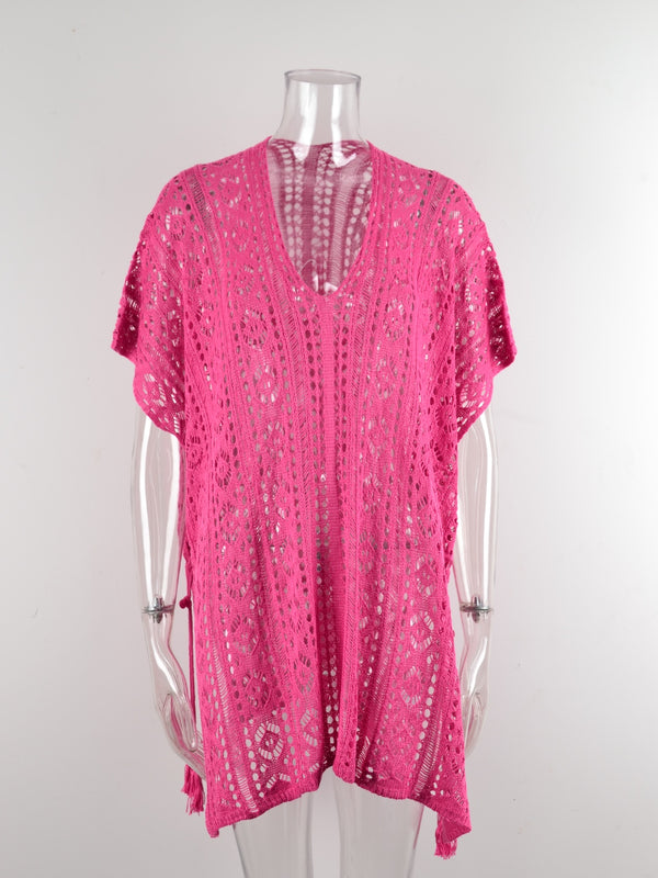Cutout V-Neck Cover-Up with Tassel-Teresa's Fashionista LLC